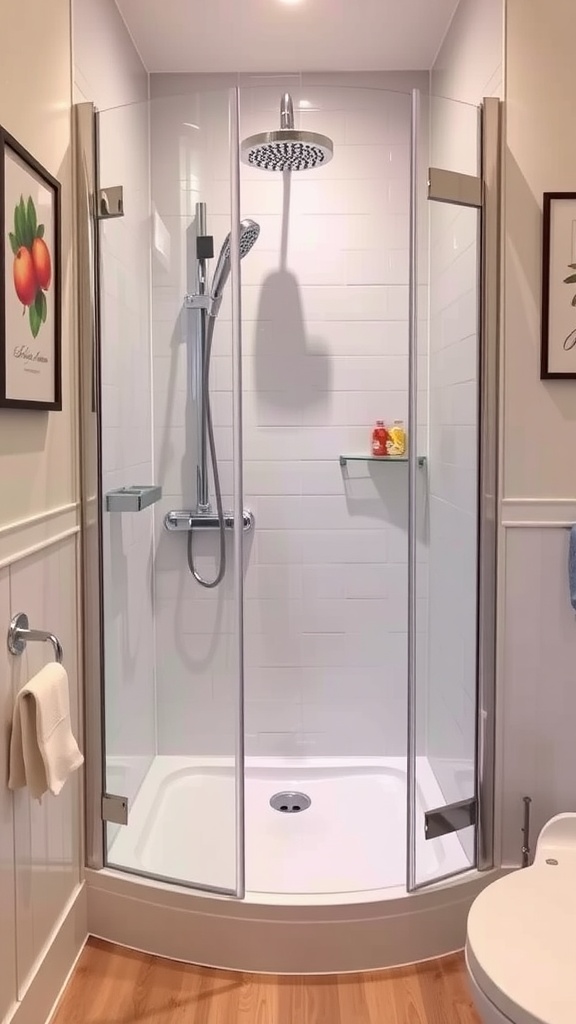 A modern corner shower in a small bathroom with glass doors and a showerhead.