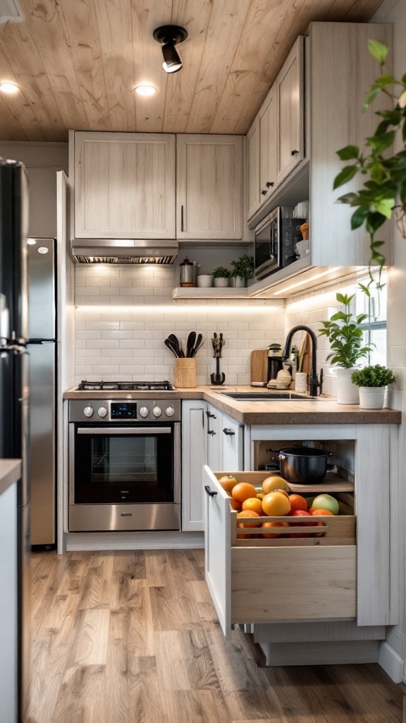 A compact kitchen featuring modern appliances, light-colored cabinets, and a pull-out drawer filled with fruits.