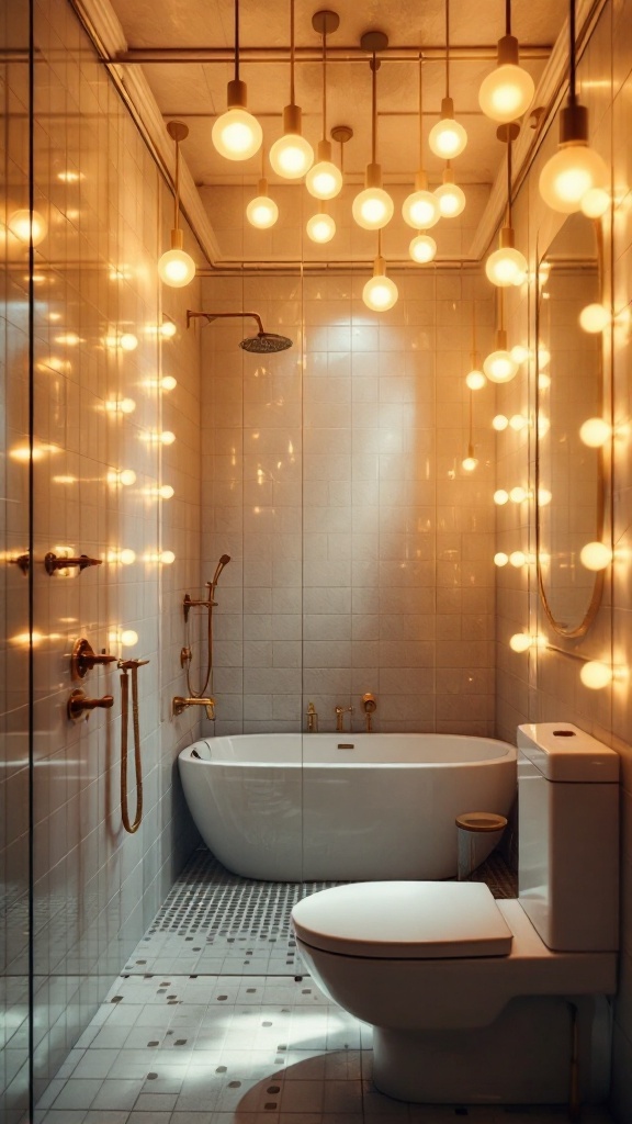 A stylish bathroom featuring spherical light bulbs illuminating a modern yet retro design.