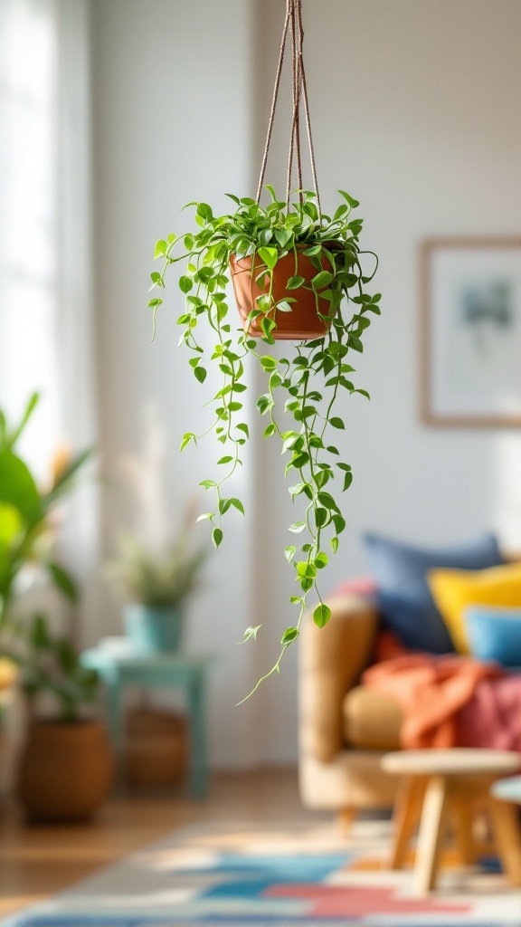 A hanging spider plant in a cozy living room setting.