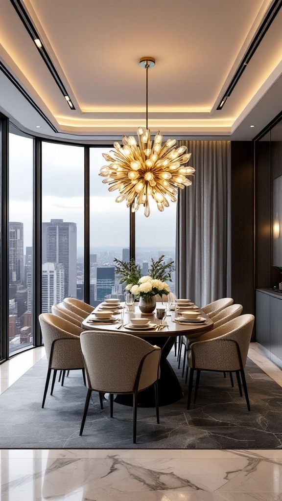 Cozy penthouse dining area featuring a striking chandelier and elegant decor.