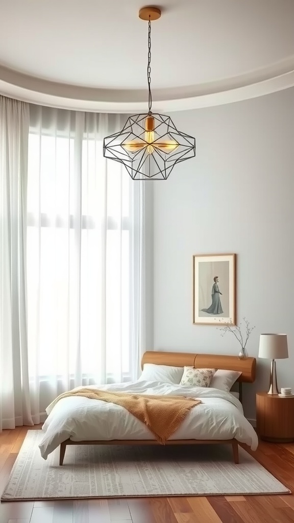 Mid-century bedroom with a geometric pendant light above a bed