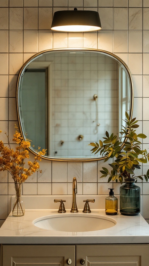 A stylish bathroom with an oval mirror, stylish faucet, and decorative plants.