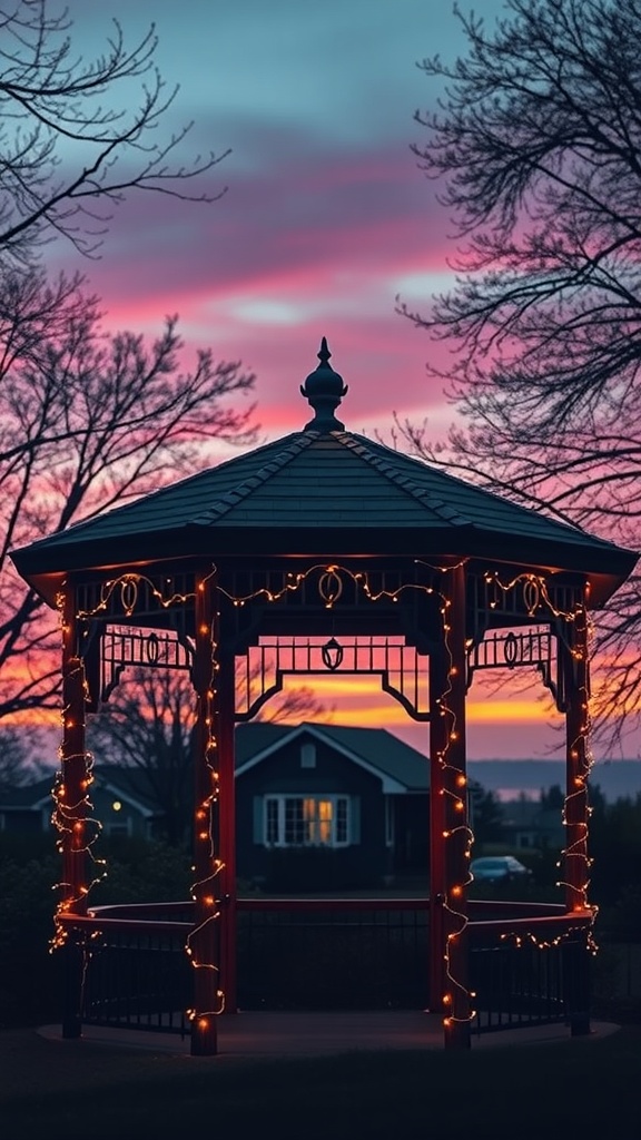 A gazebo beautifully adorned with string lights against a colorful sunset.