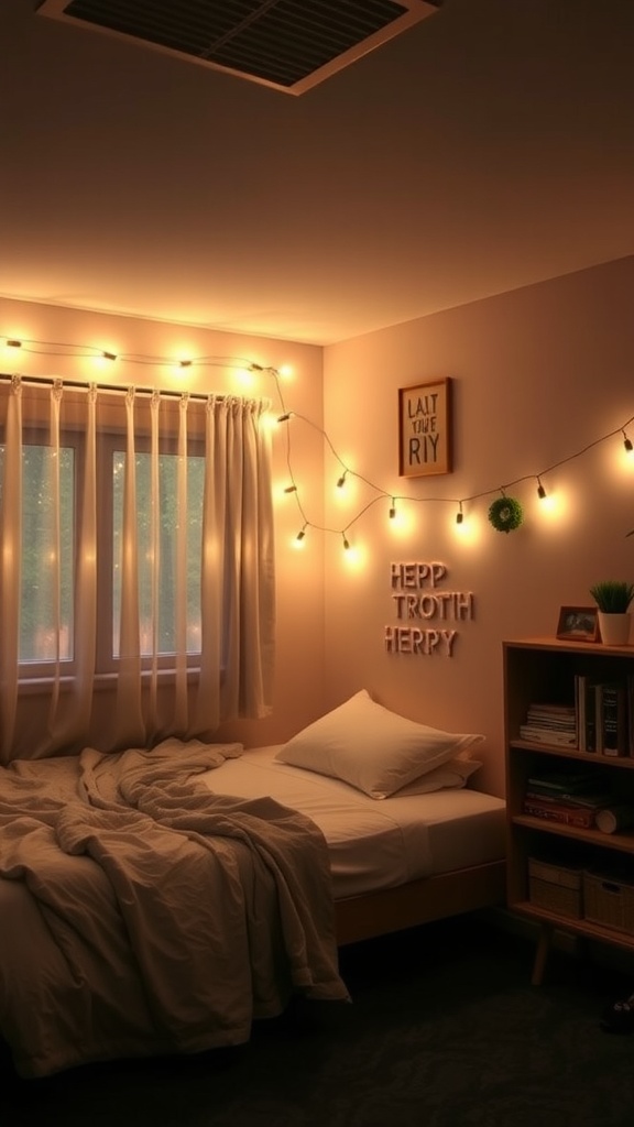 A cozy dorm room with string lights hanging above a bed, creating a warm ambiance.