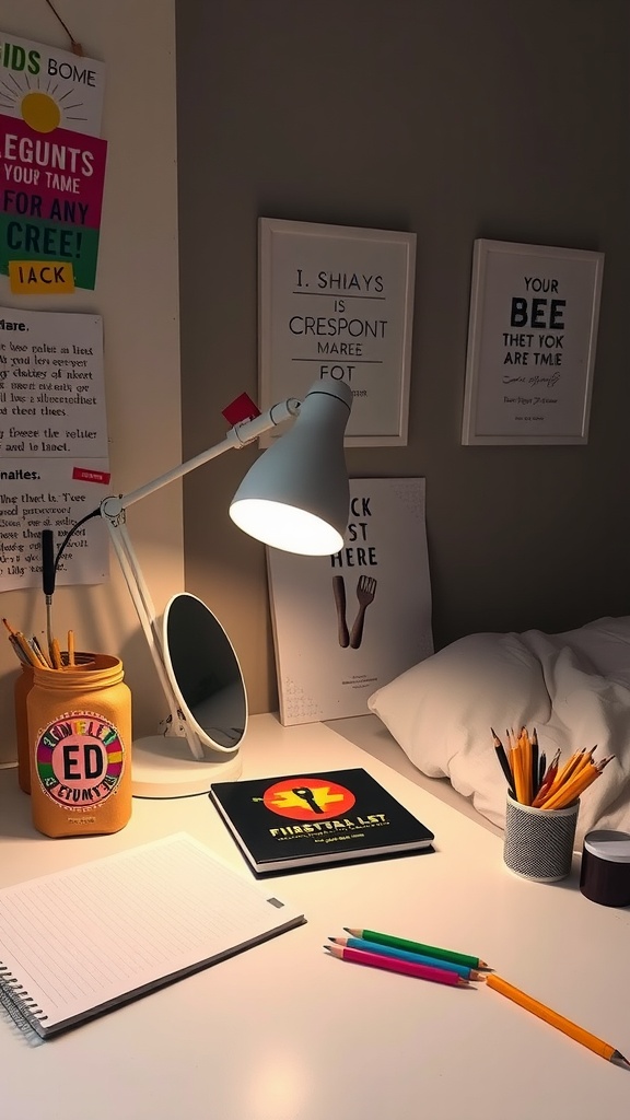 A stylish and vibrant study zone featuring a desk with colorful stationery, a lamp, and motivational wall art.