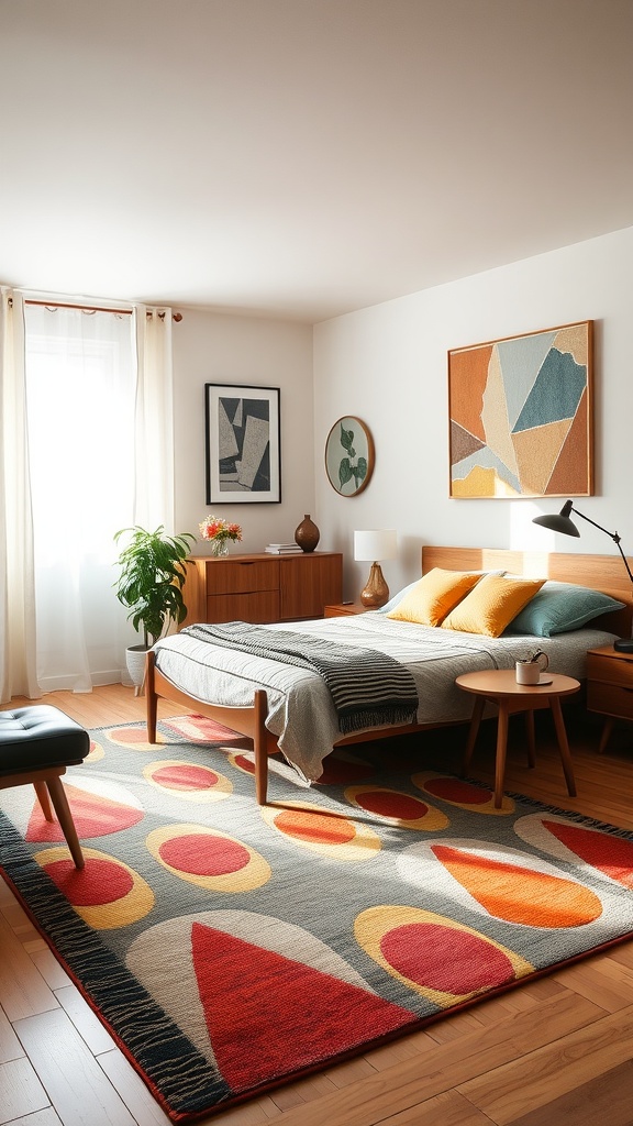 Mid-century bedroom featuring a colorful area rug with bold patterns.