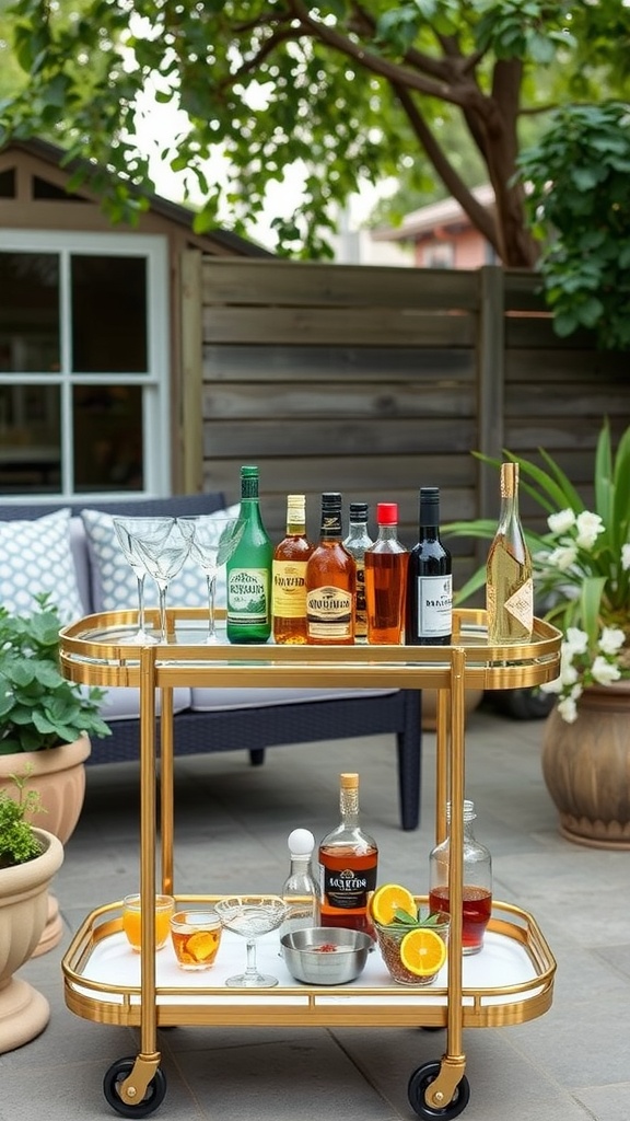 A stylish bar cart with various drinks and glassware on a patio.