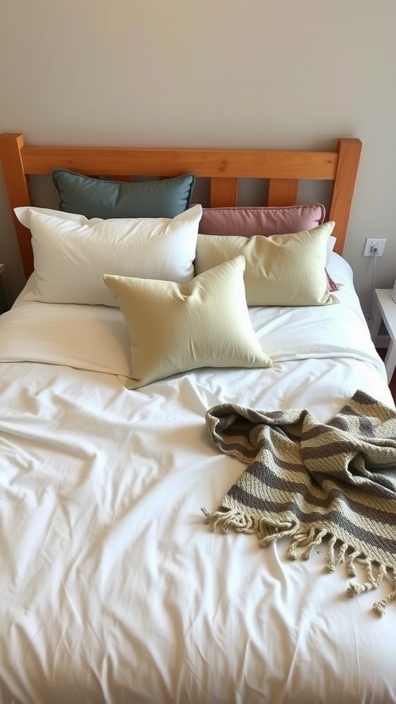 A neatly made bed with various pillows and a cozy blanket.