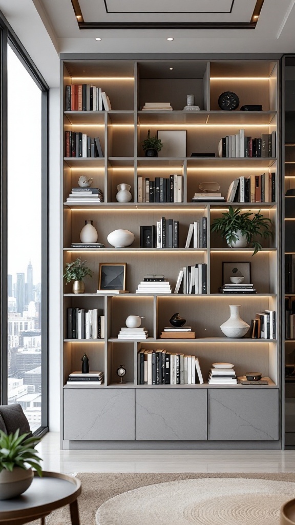 Modern bookshelf with books and decorative items in a cozy penthouse apartment