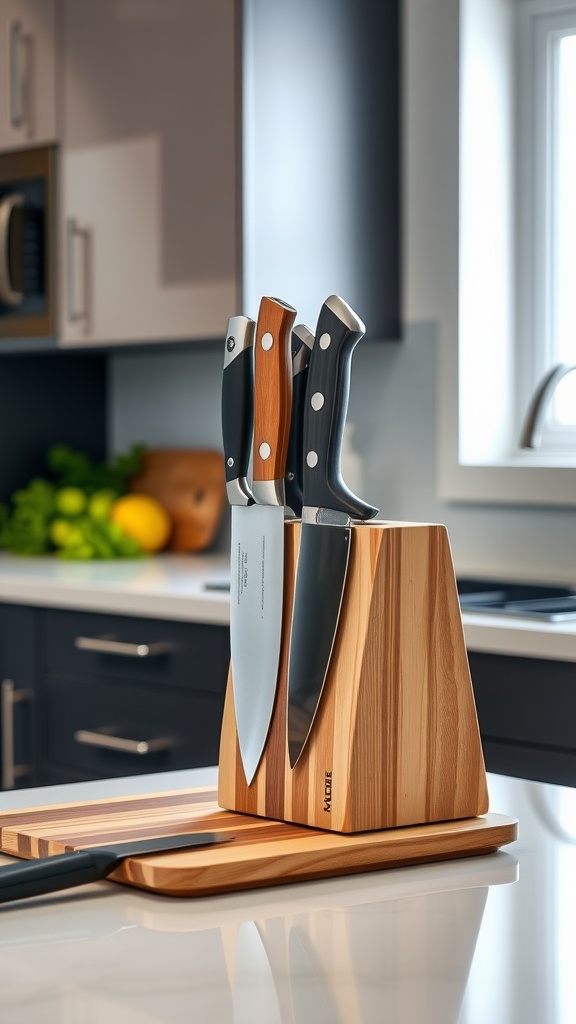 Stylish knife block with various kitchen knives on a countertop