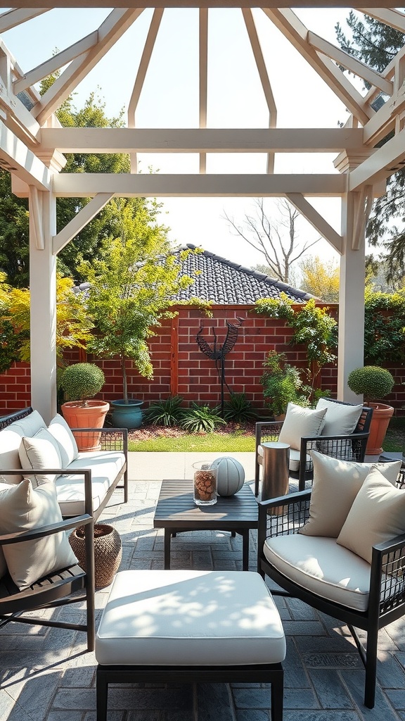 Stylish outdoor furniture under a gazebo with cushions and a small table.