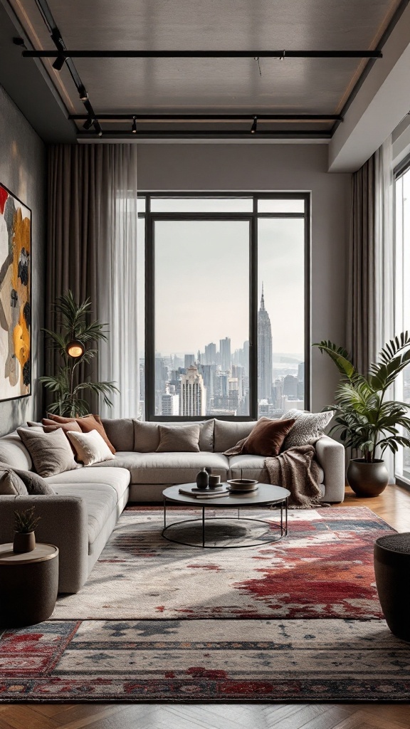 Cozy penthouse living room with a stylish rug, modern furniture, and city view