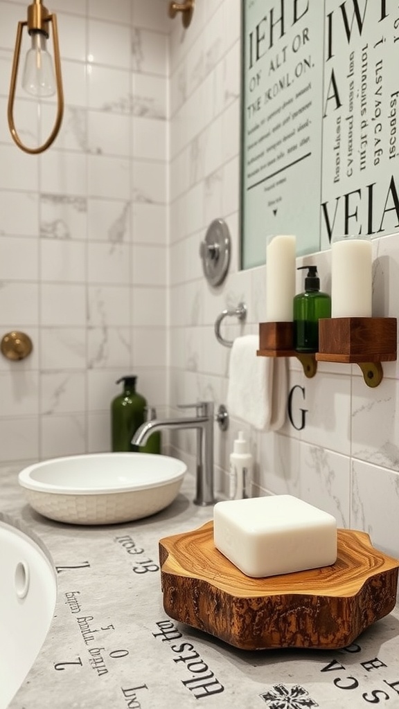 A rustic wet room with wooden accessories and natural elements.