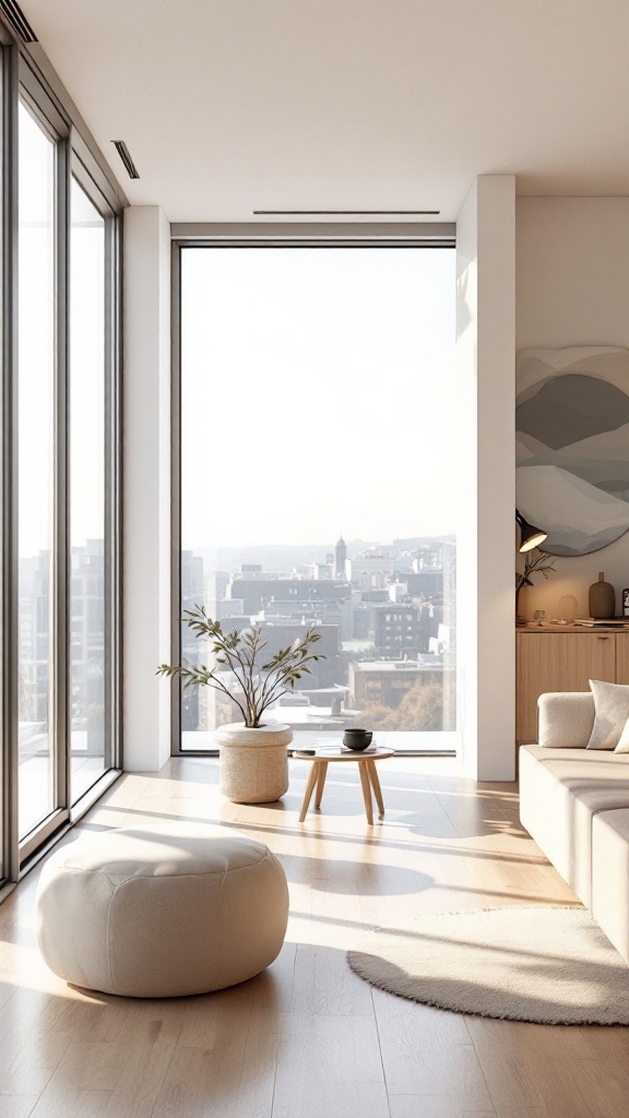 A stylish Scandinavian-inspired penthouse interior with large windows and natural light.