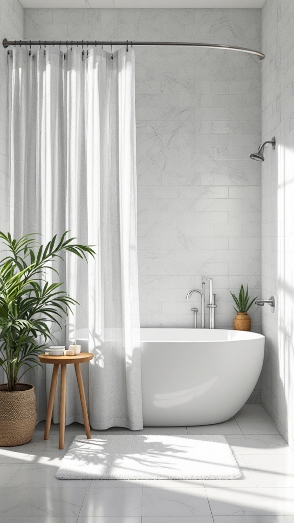 A modern bathroom featuring a white shower curtain, a freestanding tub, and green plants.