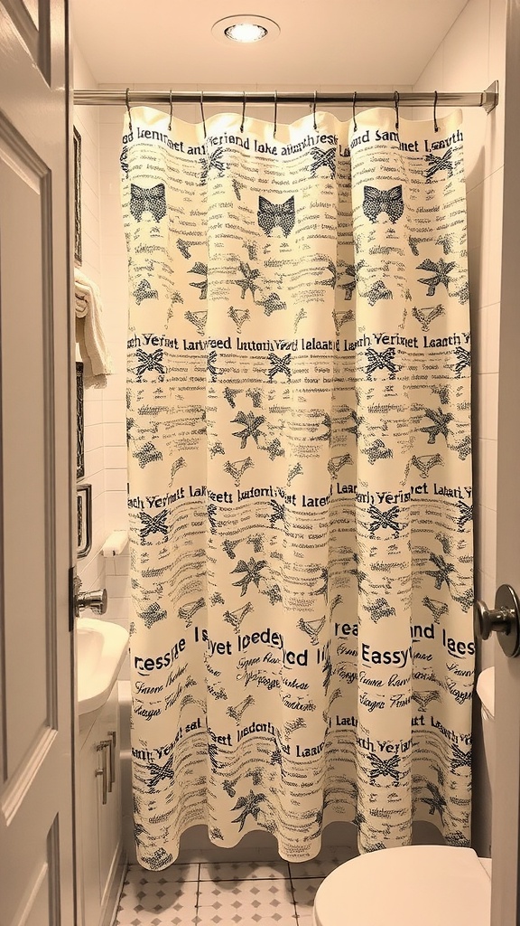 A shower curtain with a fun print in a small bathroom.