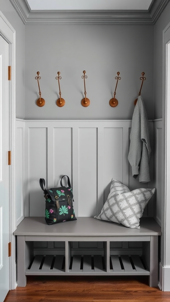 Stylish wall hooks and racks in a modern entryway with a bench, bag, and blanket.