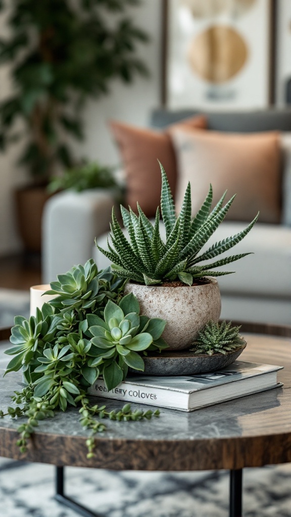 A stylish arrangement of succulents in a living room setting.