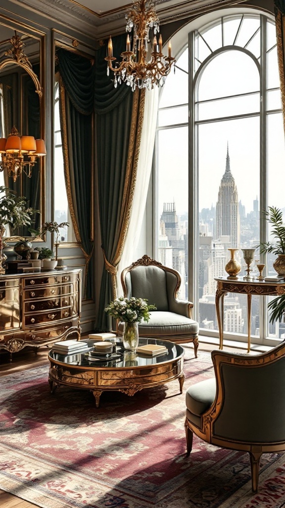 Luxurious vintage penthouse interior with chandelier and city skyline view.