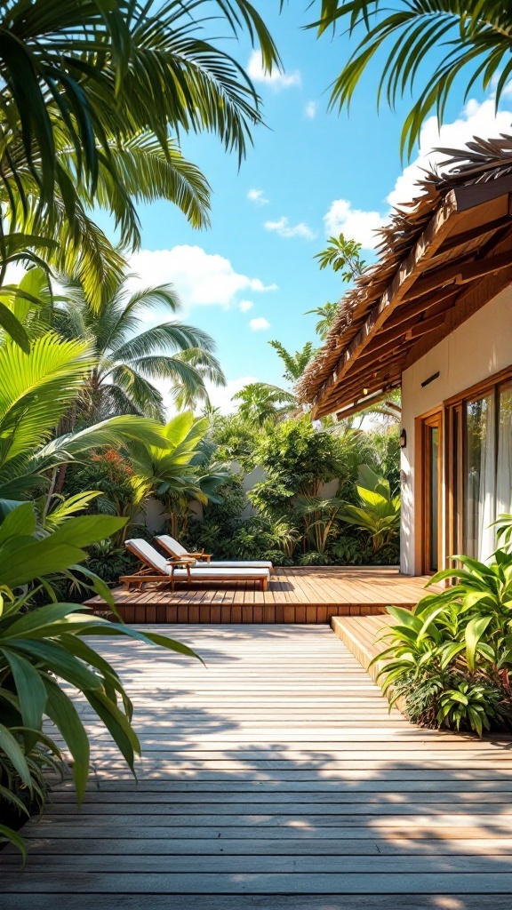 A tropical beach house with wooden deck, surrounded by lush greenery and two lounge chairs, under a bright blue sky.