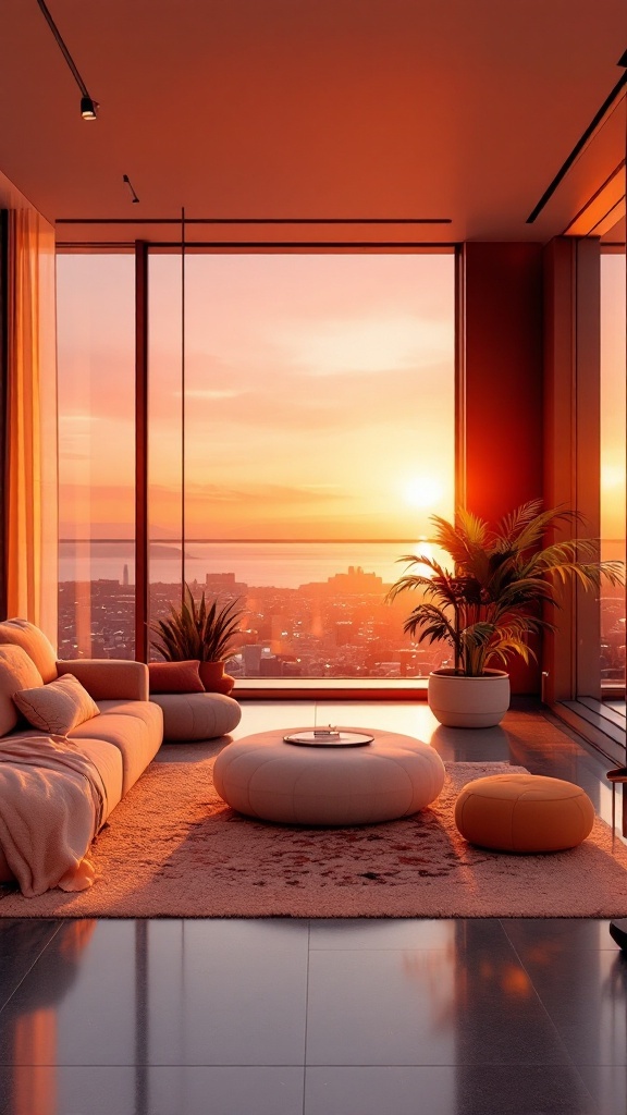 A stylish penthouse living room with a sunset-inspired color palette, featuring soft orange and peach tones.