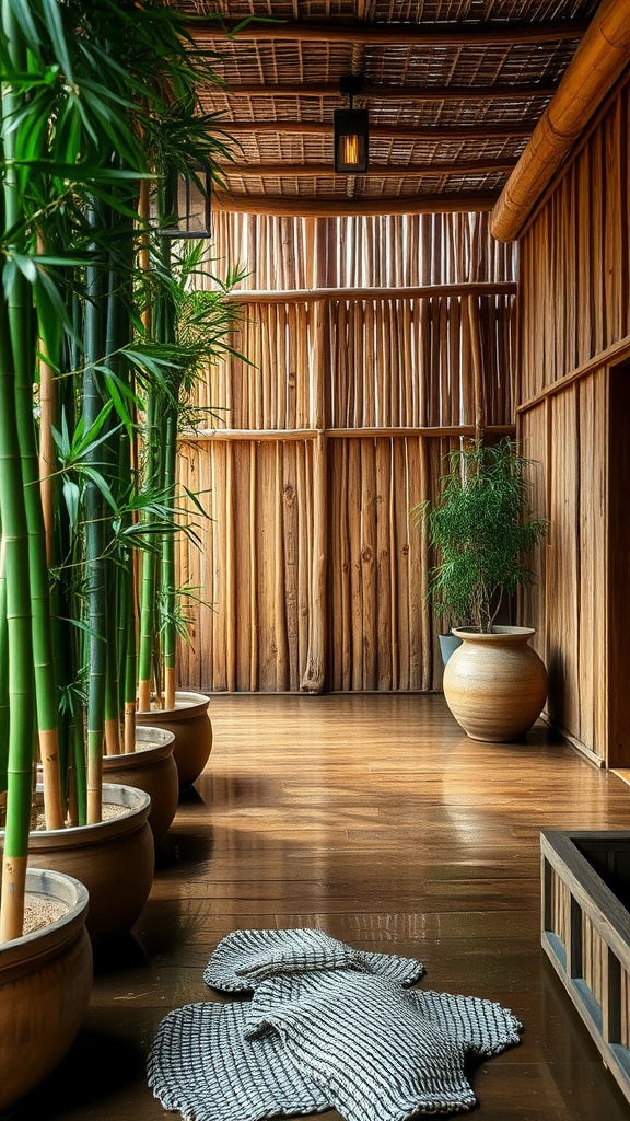 A rustic wet room featuring bamboo plants, wooden walls, and a serene layout.