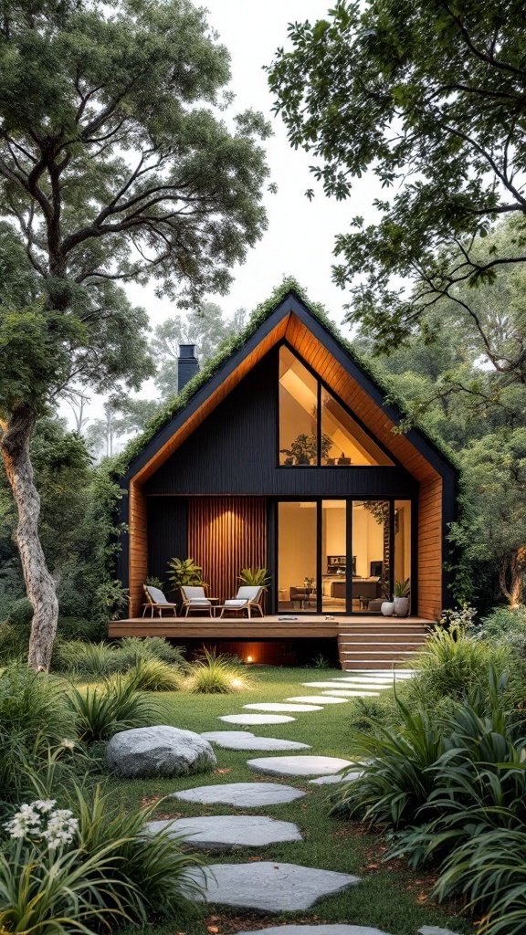 A modern cottage house surrounded by greenery, showcasing sustainable design features.