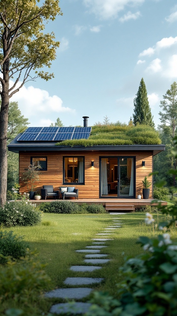 A luxury tiny house with solar panels and greenery on the roof, surrounded by nature.