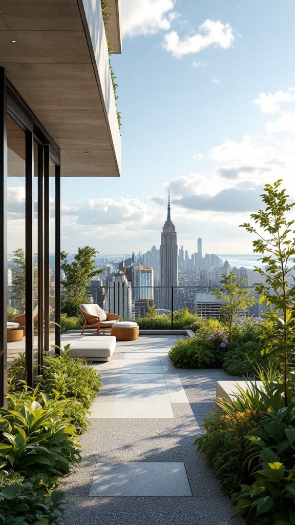 A stunning luxury penthouse terrace with greenery and a city skyline view.