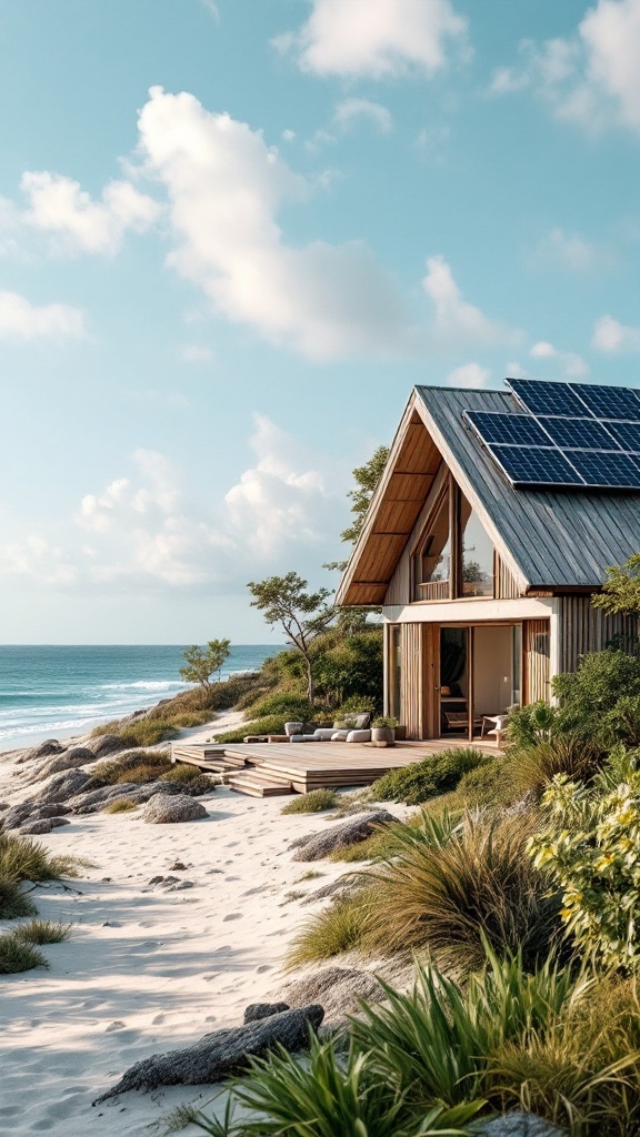 A beautiful eco-friendly beach house with solar panels and natural materials, surrounded by sand and ocean.