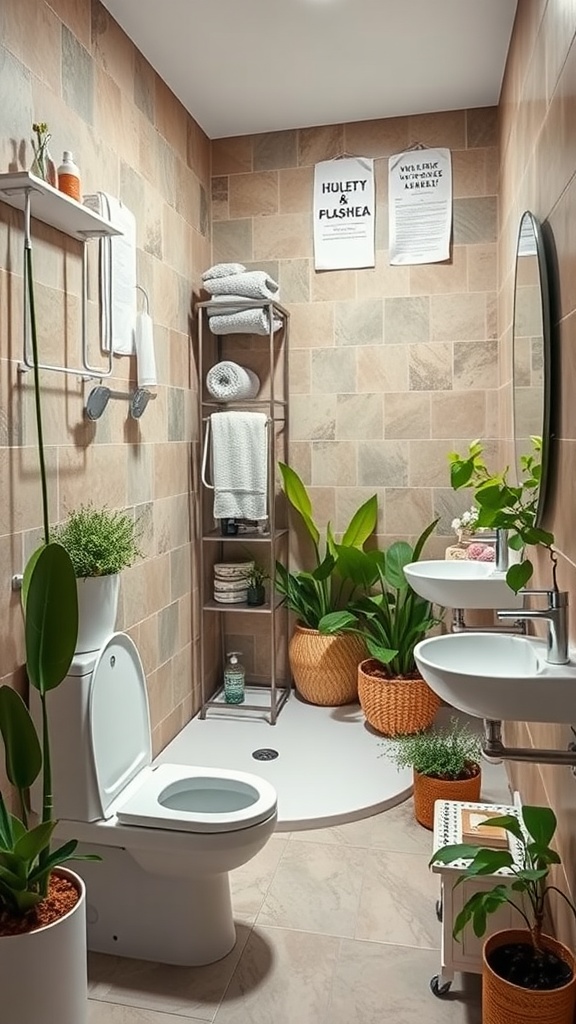 A cozy bathroom featuring eco-friendly design elements like plants and natural materials.