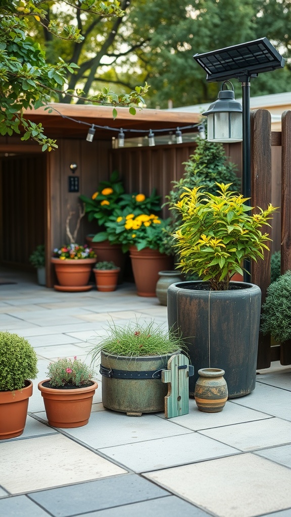 A patio featuring various potted plants, solar lights, and a cozy setup.