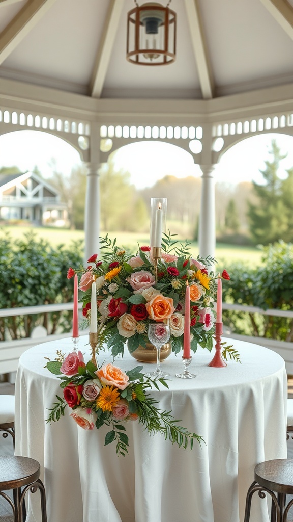 A beautifully arranged table centerpiece with colorful flowers and candles in a gazebo setting.