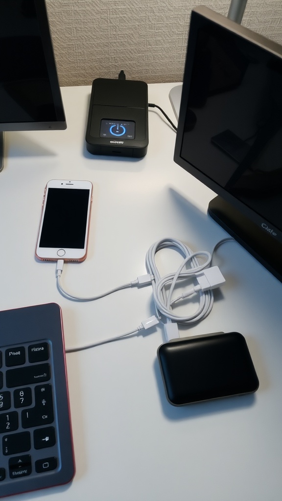 A neat desk setup featuring a charging station with multiple devices connected.