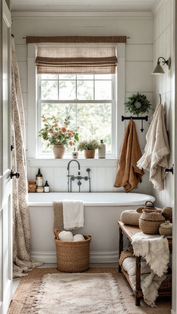 A cozy farmhouse bathroom featuring textured fabrics and natural accessories.