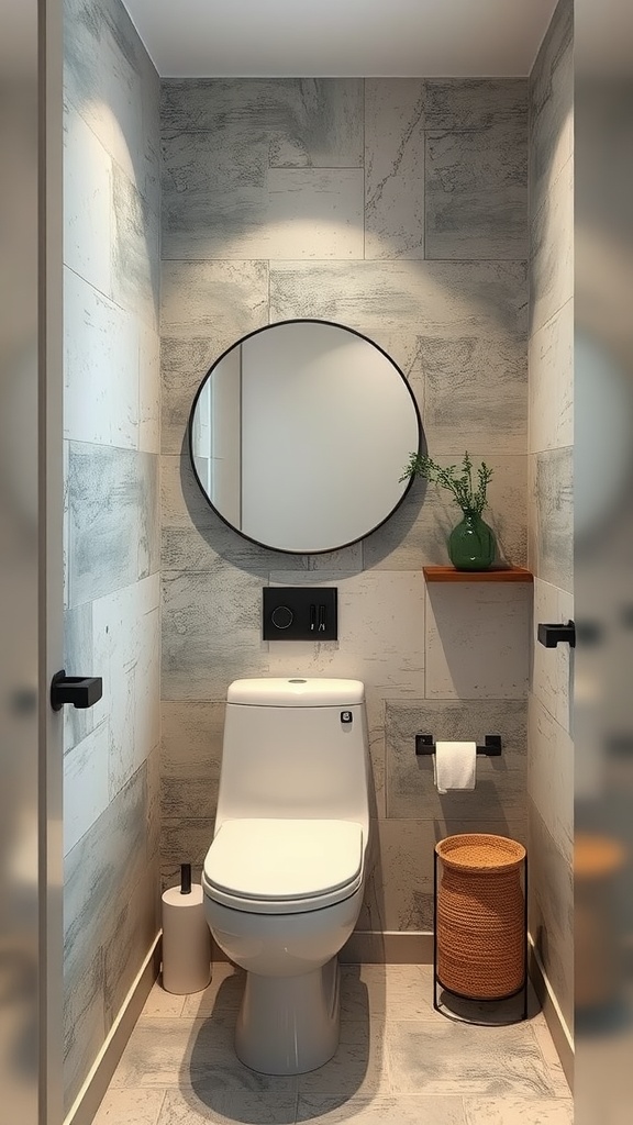 A small bathroom with textured wall finishes, a round mirror, and a touch of greenery.