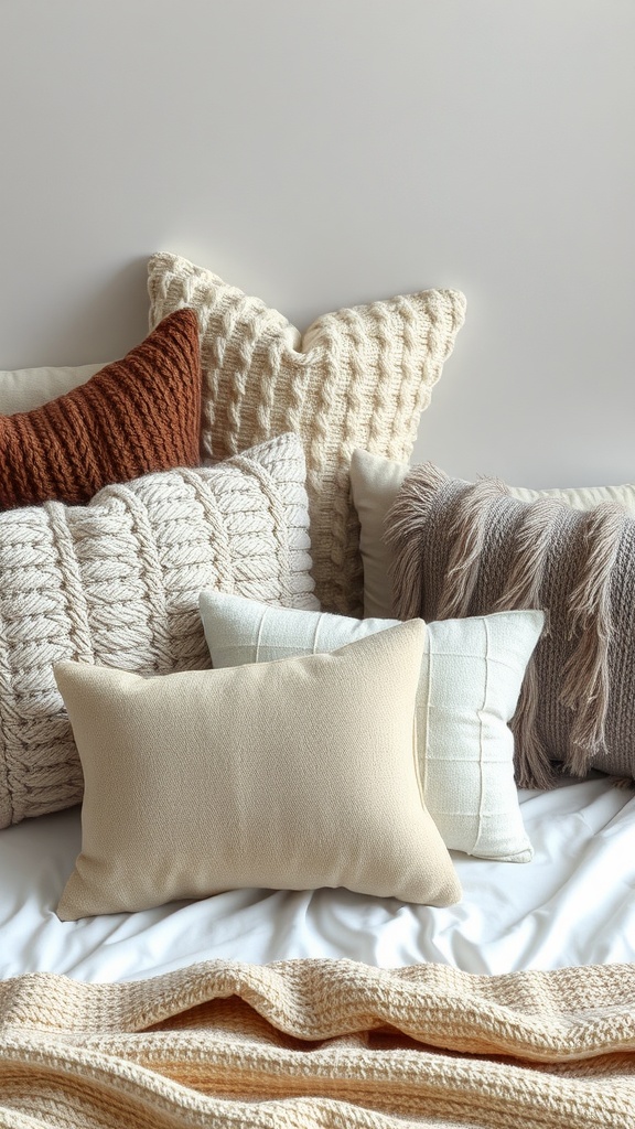 A collection of textured throw pillows in neutral shades, displayed on a bed.