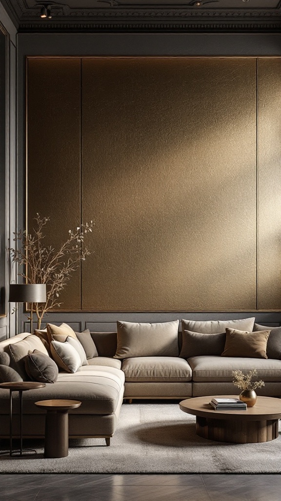 Cozy living room with textured gold wall finish and neutral-colored furniture