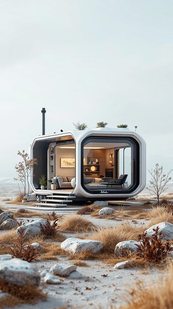 A modern luxury tiny house surrounded by nature.