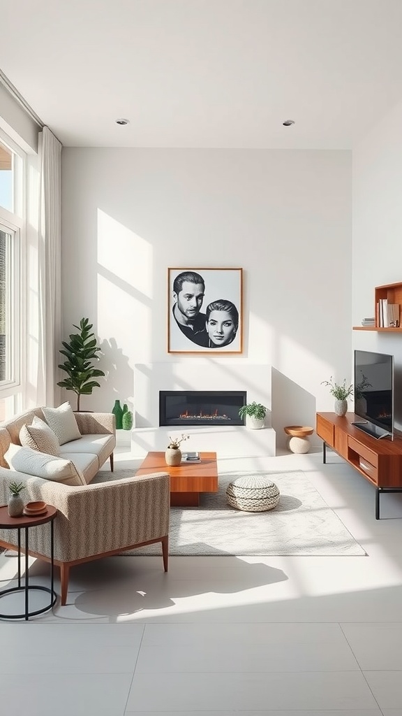 A minimalistic Wabi Sabi living room featuring a cozy arrangement of furniture, plants, and natural light.