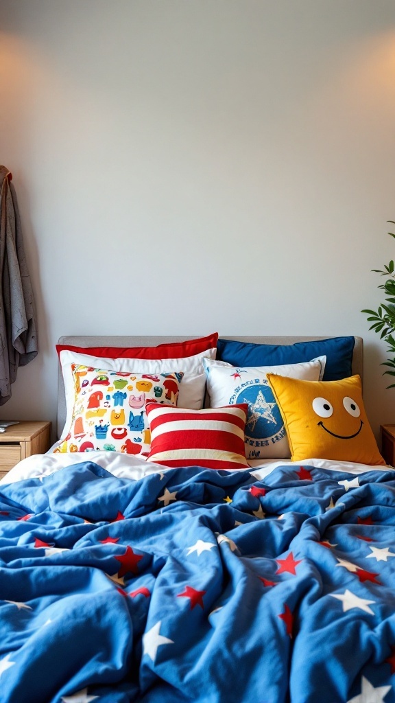 Colorful themed bedding with cartoon pillows and a star-patterned blanket in a dorm room.