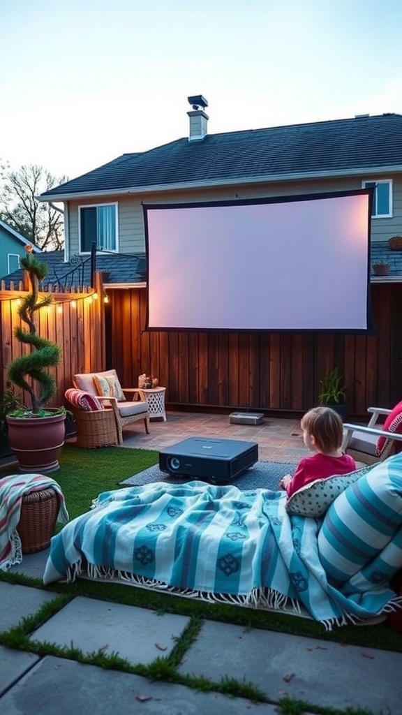 Cozy outdoor movie setup with a projector and seating area.