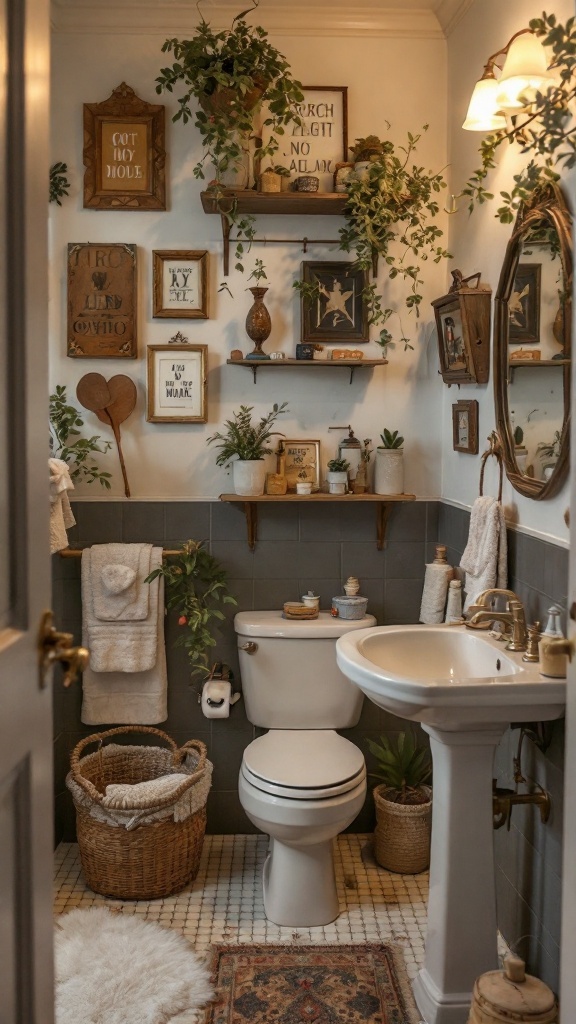 A stylish bathroom with unique decor pieces, including framed art, plants, and a vintage mirror.