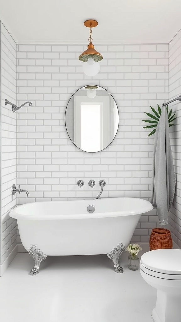 A classic white bathroom featuring a clawfoot tub, white subway tiles, and a round mirror.