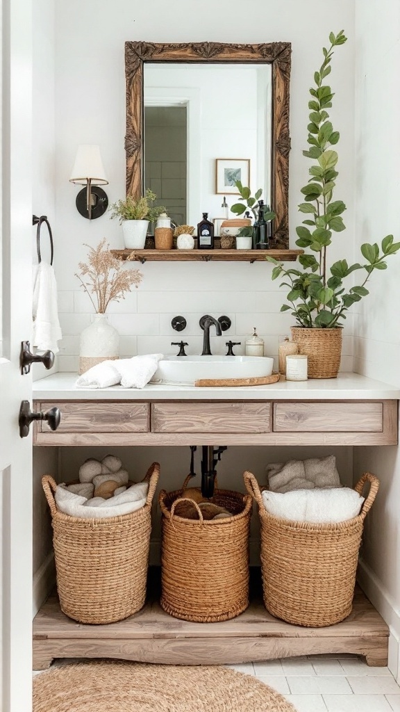 Farmhouse bathroom featuring woven baskets for storage and decor.