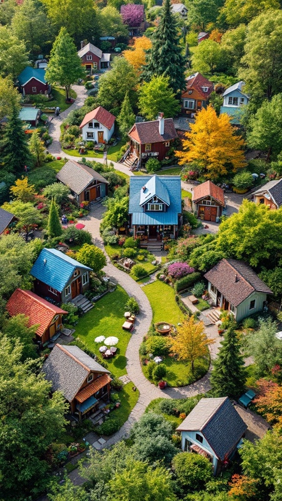 Aerial view of a tiny house community with colorful houses and green spaces