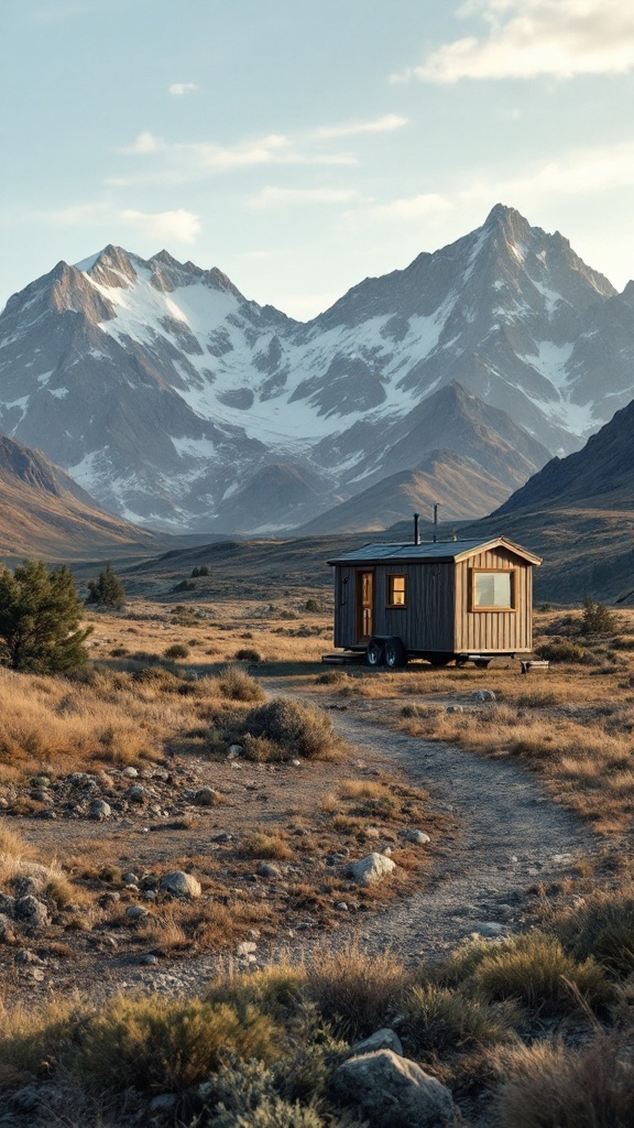 A tiny house on wheels positioned in a scenic mountainous landscape.