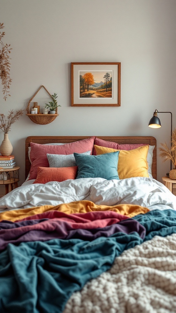 A cozy bed with colorful bedding and decorative pillows in a small bedroom.