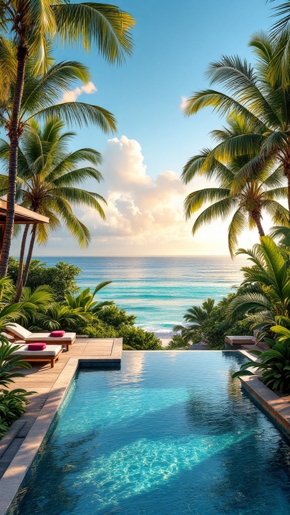 A tropical villa with an infinity pool overlooking the ocean, surrounded by palm trees and lush greenery.